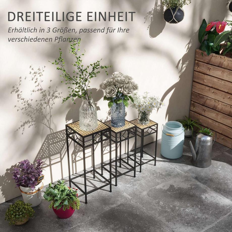 Northio 3-Tlg. Pflanzenständer Stapelbarer Blumenhocker Blumentopfhalter Mit Rattanoptik Pflanzenhocker Für Garten Balkon Metall Gold  