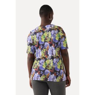 Ulla Popken  T-shirt en tissu fluide, fleurs, classique, col V, manches courtes 