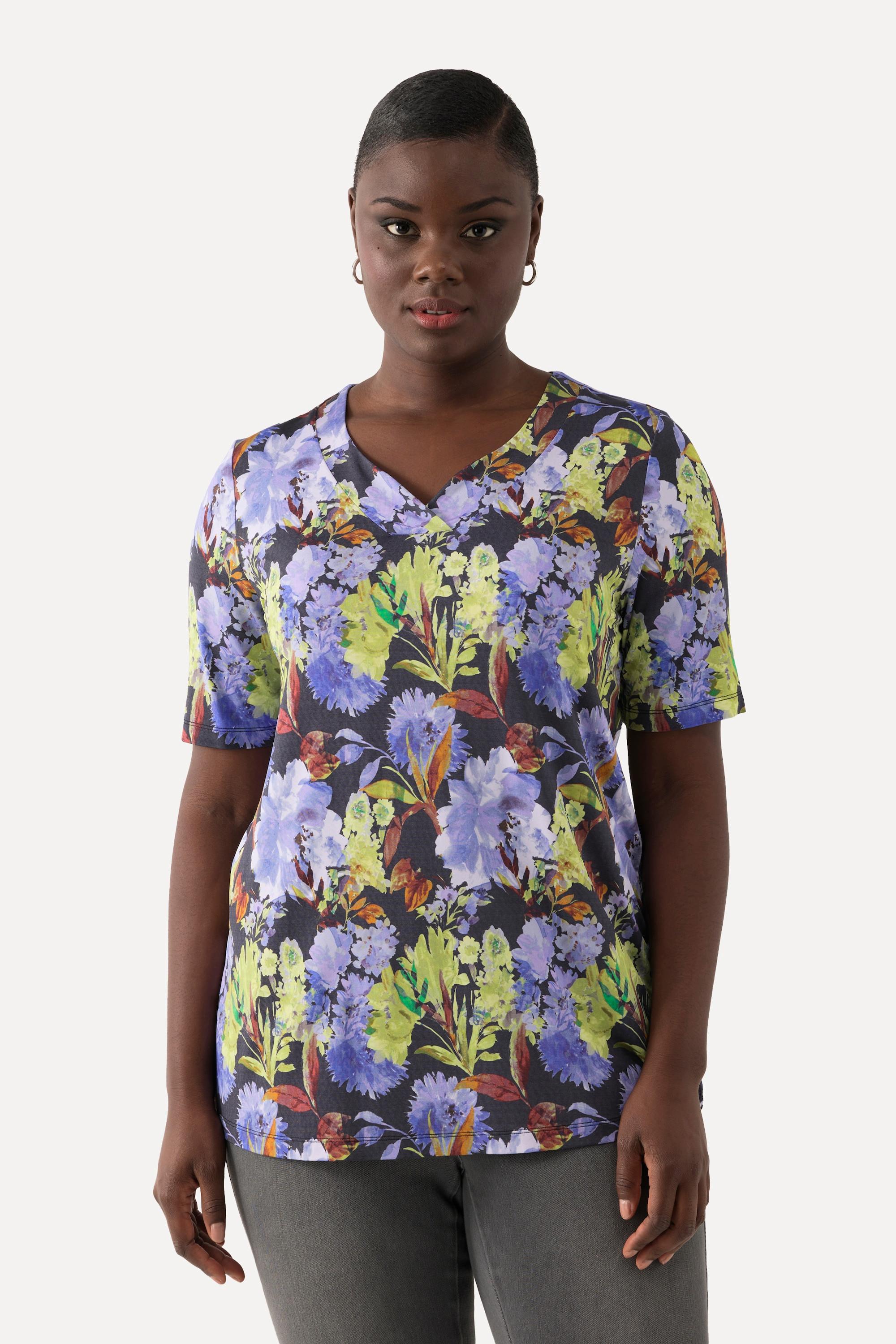 Ulla Popken  T-shirt en tissu fluide, fleurs, classique, col V, manches courtes 