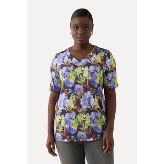 Ulla Popken  T-shirt en tissu fluide, fleurs, classique, col V, manches courtes 