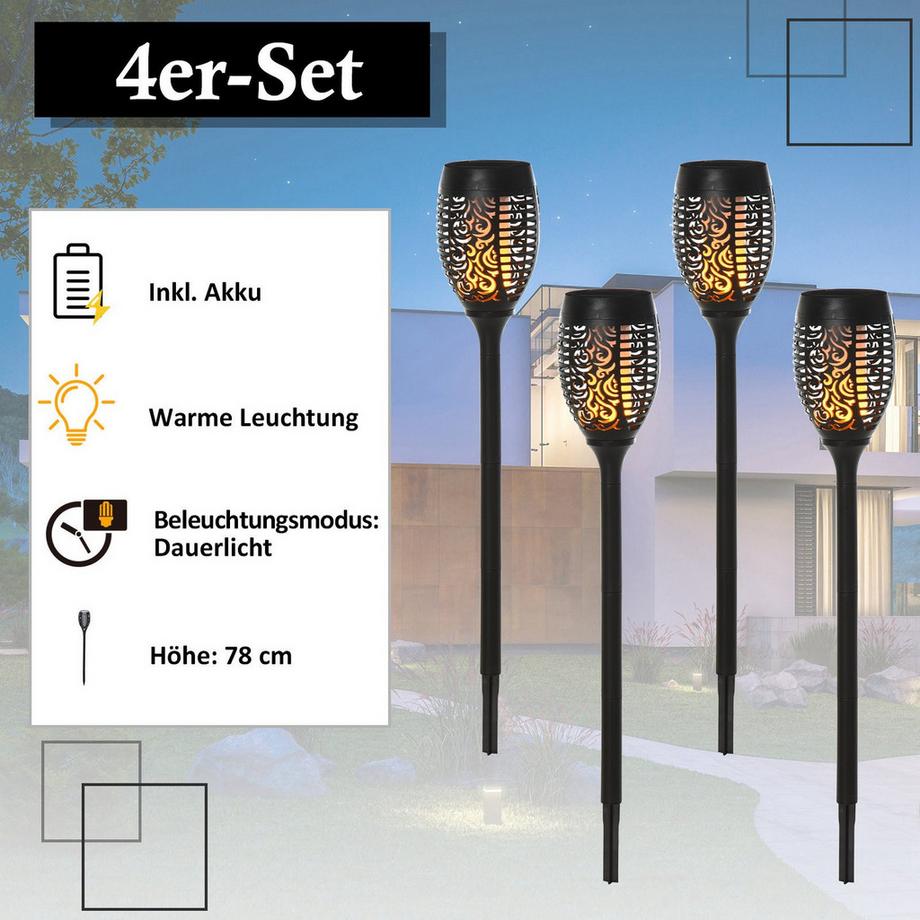Northio Lampes Solaires De Jardin Solar Light En Lot De 4, Durée D'Éclairage 6-8H, Étanche Ip44, Plastique, Noir, Ø12Xh72Cm  