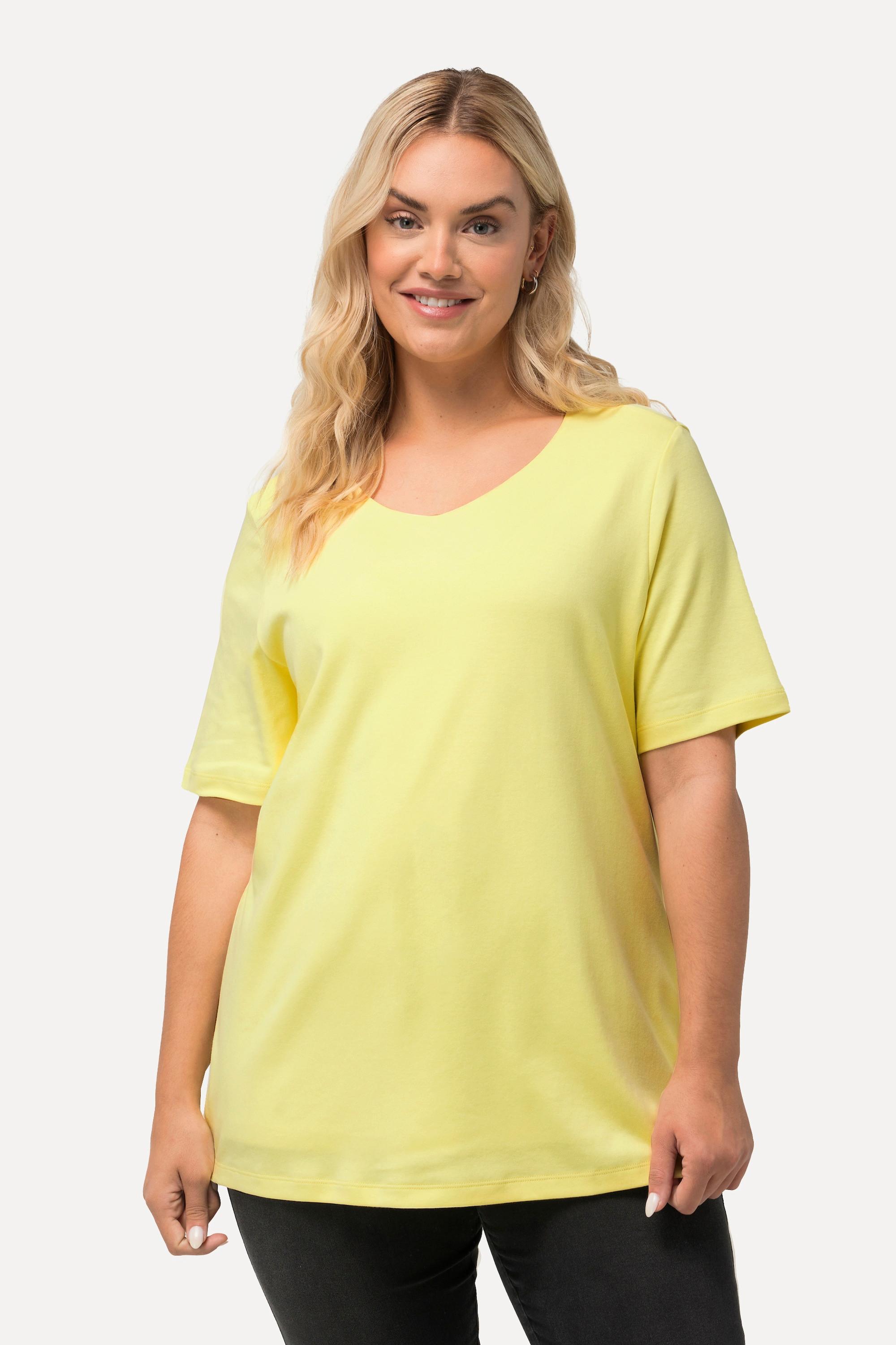 Ulla Popken  T-shirt doublé sur le devant, col rond et manches courtes - coupe Slim Fit 