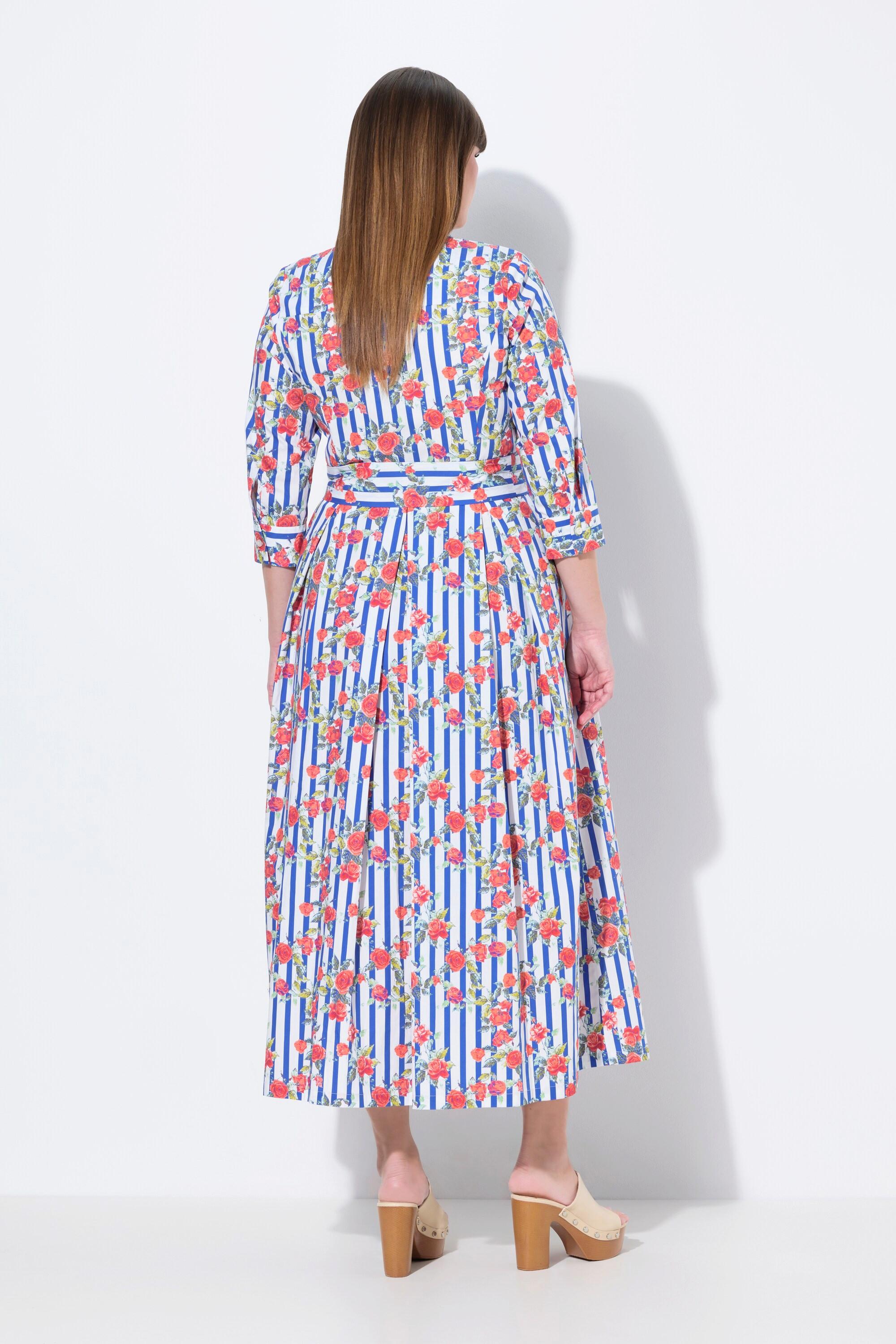 Ulla Popken Abito Chemisier Fiori Linea ad A Collo Camicia Maniche 3/4  