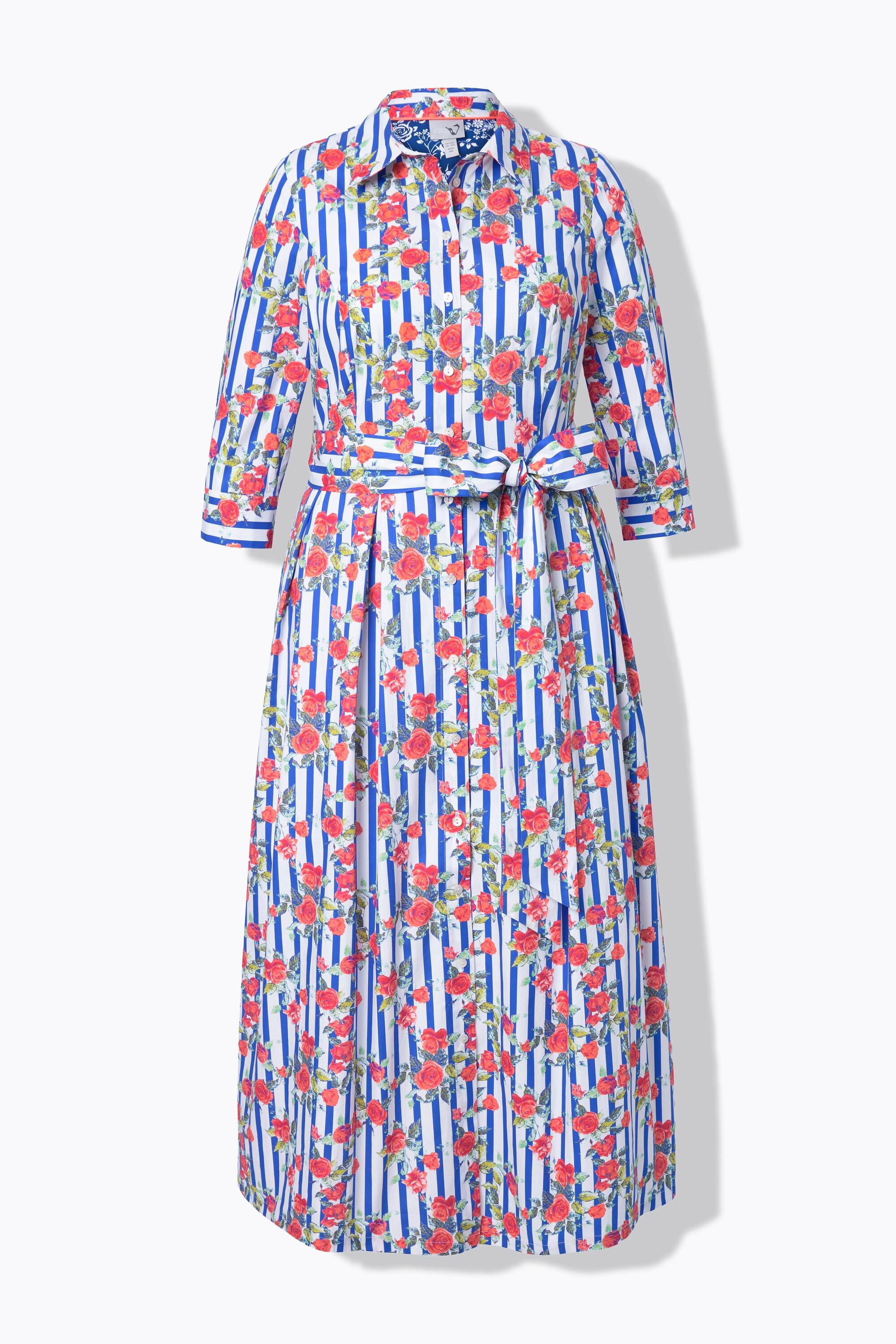 Ulla Popken Abito Chemisier Fiori Linea ad A Collo Camicia Maniche 3/4  