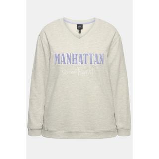 Ulla Popken  Sweat-shirt col en V et manches longues, imprimé en tissu éponge 