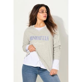 Ulla Popken  Sweat-shirt col en V et manches longues, imprimé en tissu éponge 