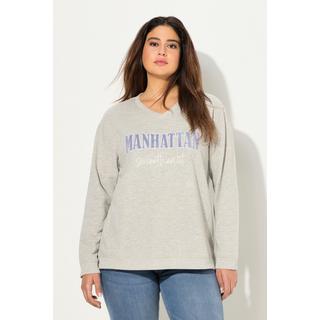 Ulla Popken  Sweat-shirt col en V et manches longues, imprimé en tissu éponge 