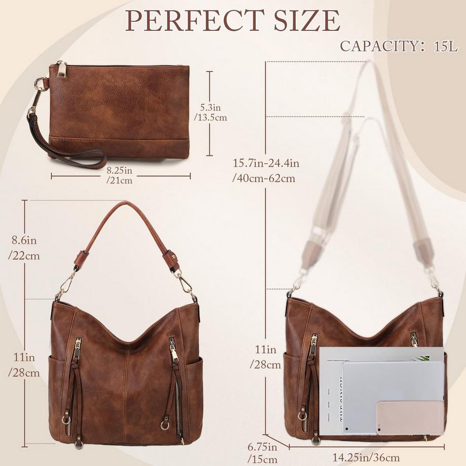 Only-bags.store Stilvolle Hobo Tasche und Geldbeutel Set mit abnehmbarem Schultergurt  