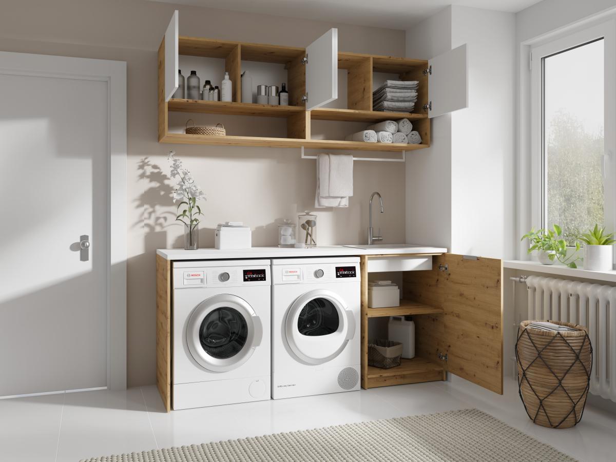 Vente-unique Mobili per lavanderia con lavatrice e piano di lavoro L180 cm Bianco e Naturale chiaro  - NATAJI  