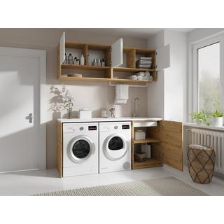 Vente-unique Mobili per lavanderia con lavatrice e piano di lavoro L180 cm Bianco e Naturale chiaro  - NATAJI  