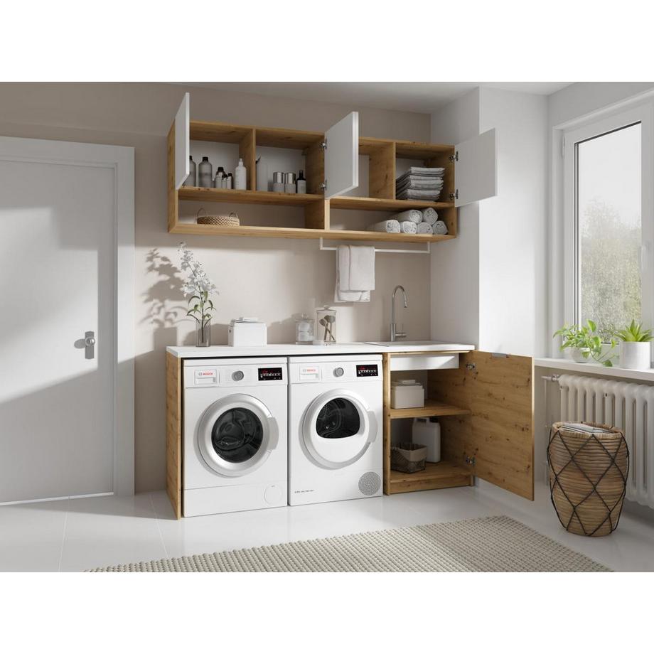 Vente-unique Mobili per lavanderia con lavatrice e piano di lavoro L180 cm Bianco e Naturale chiaro  - NATAJI  