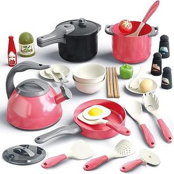 Ensemble de jouets de cuisine, jeu de rôle pour enfants, batterie de cuisine, ustensiles de cuisine, accessoires de cuisine, casseroles et poêles (32 pièces, rose)