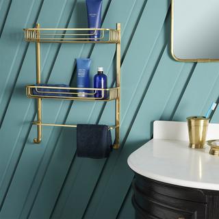 Calicosy Étagère Murale 2 Niveaux avec Porte-Serviettes en Laiton Dorée - L42 x H56cm  