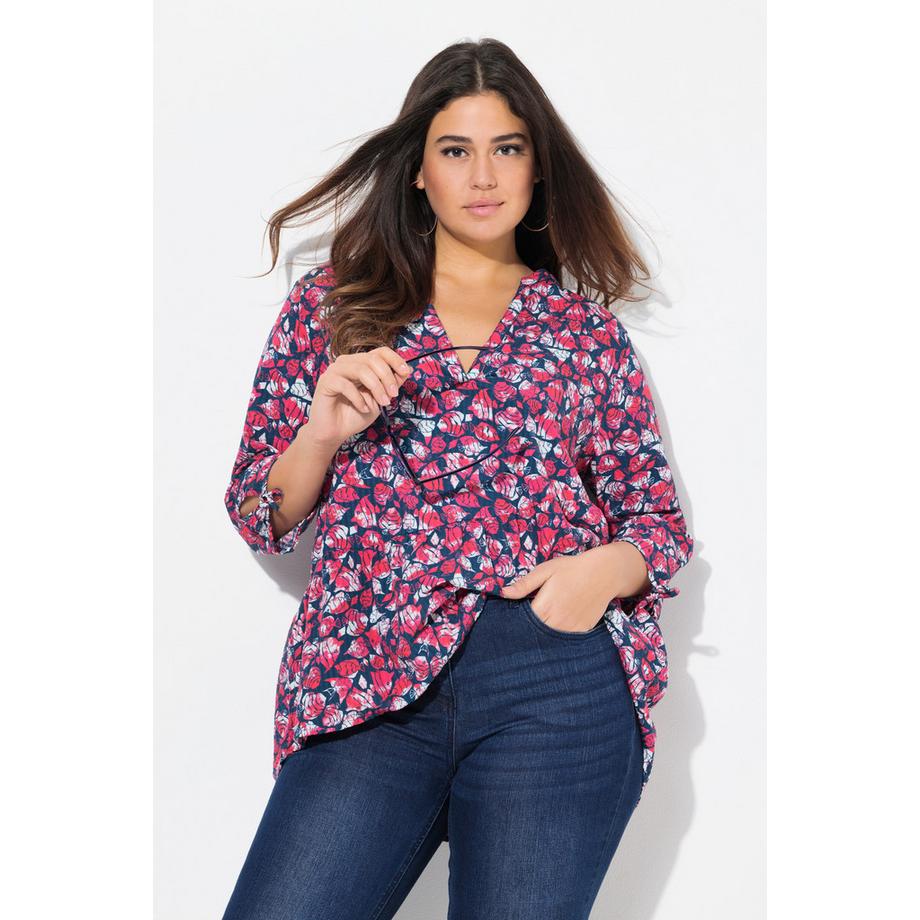 Ulla Popken Blouse Imprimé Poissons Coupe Évasée Col V Manches 3/4  