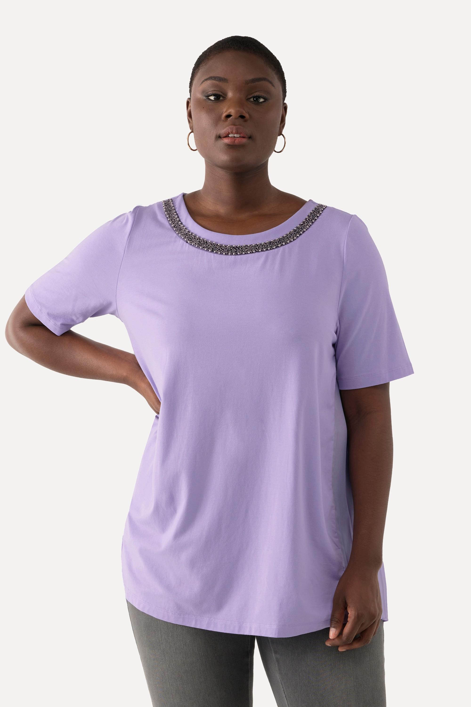 Ulla Popken  T-shirt con scollo a girocollo, mezze maniche e plissettatura sul retro 