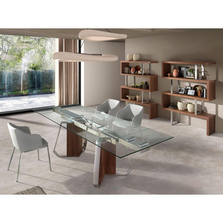 ANGEL CERDA Tavolo da pranzo rettangolare allungabile in vetro temperato, noce e acciaio cromato  