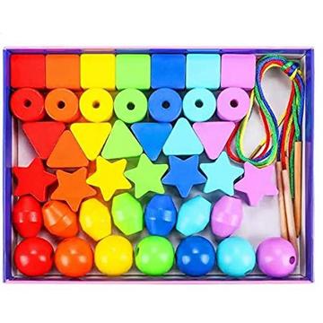42 STK Perlen zum Auffädeln Perlen Fädelspiel Erste Regenbogen Holzperlen Holzspielzeug Motorisches Spielzeug