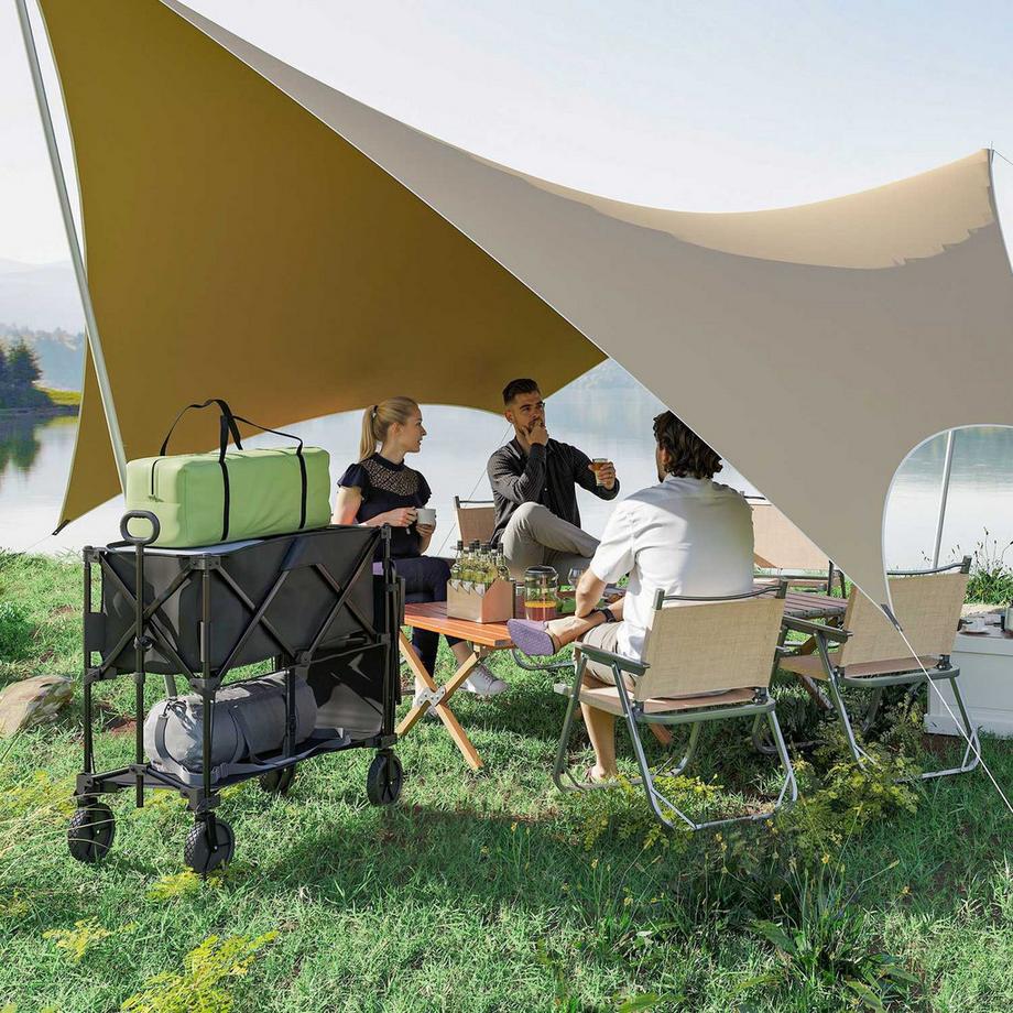 Northio Chariot de jardin Charge de 200 kg Chariot de transport à deux étages avec bâche amovible Poignée Roues Essieu de direction Chariot pliable Chariot à main Chariot de jardin Chariot d'équipement pour la maison, le jardin noir |  