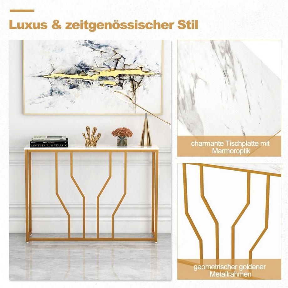 B2X Konsolentisch mit Geometrischem Metallrahmen Eingangstisch 110 x 30 x 80 cm Gold + Weiß  