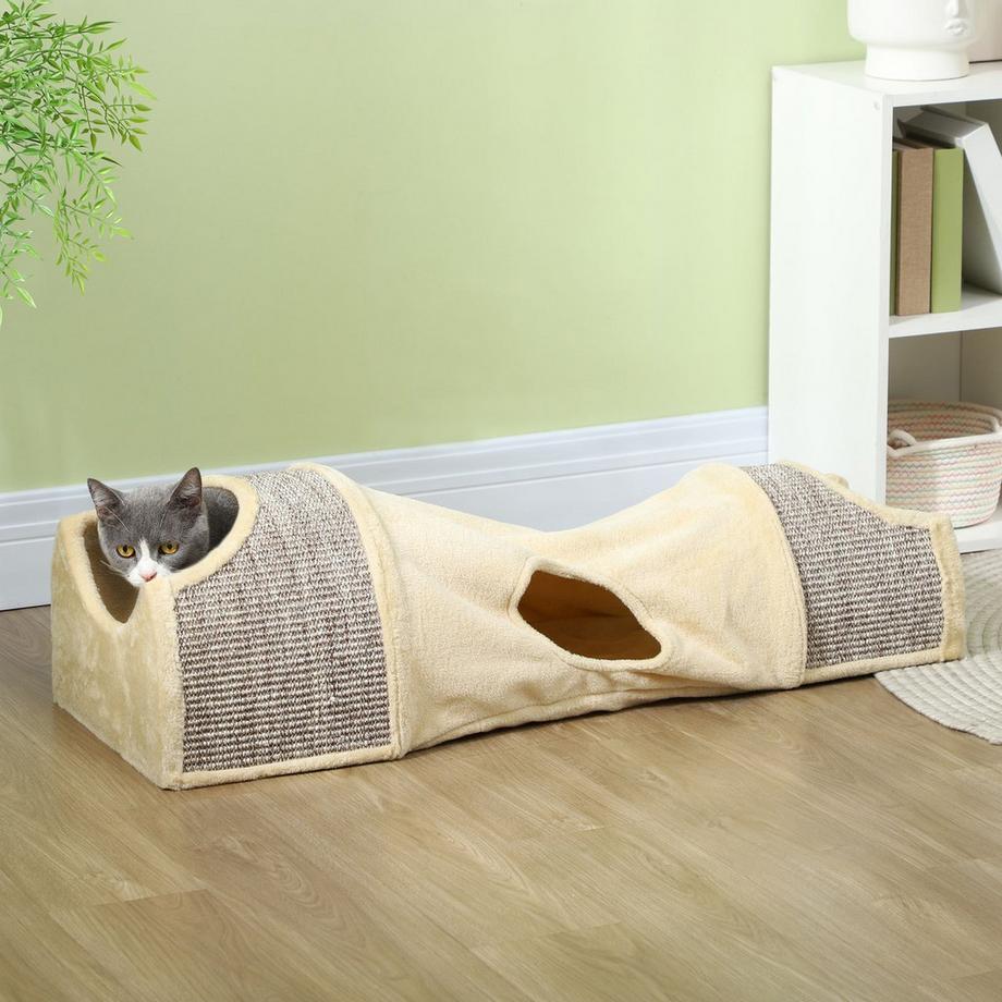 Northio  Tunnel de jeu pour chat avec 2 maisons, 3 ouvertures, tunnel animalier pliable pour chats jusqu'à 6 kg, intérieur, beige 