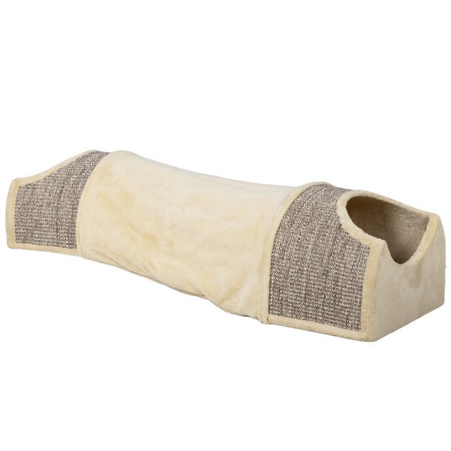 Tunnel de jeu pour chat avec 2 maisons, 3 ouvertures, tunnel animalier pliable pour chats jusqu'à 6 kg, intérieur, beige
