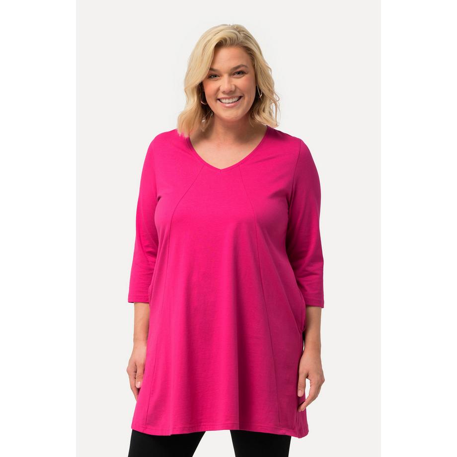 Ulla Popken T-shirt long Coutures décoratives Silhouette en A Col V Manches 3/4  