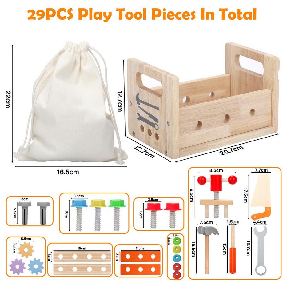 Activity-board  Boîte à outils en bois pour enfants, 29 pièces, kit de construction en bois pour enfants, boîte à outils DIY 