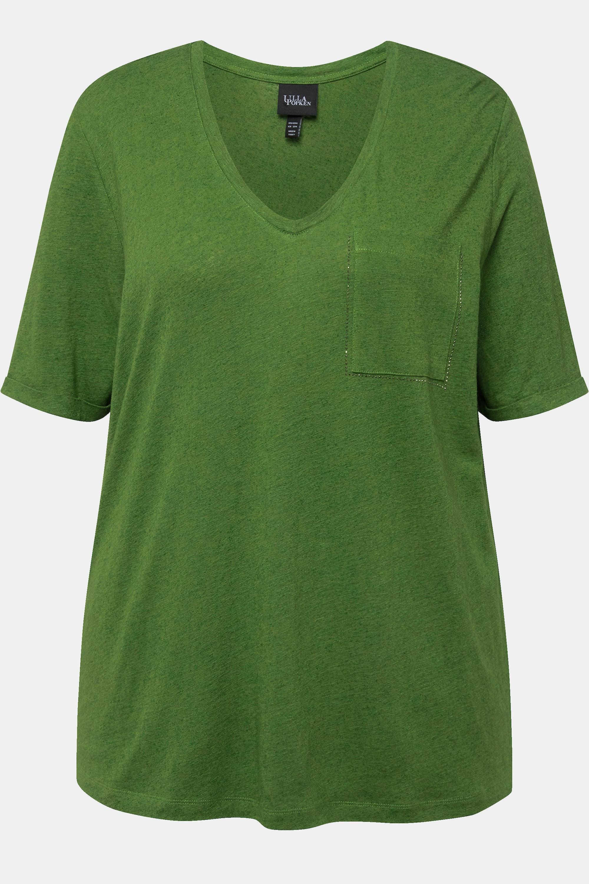 Ulla Popken  T-shirt con texture, taschino, scollo a V e mezze maniche 