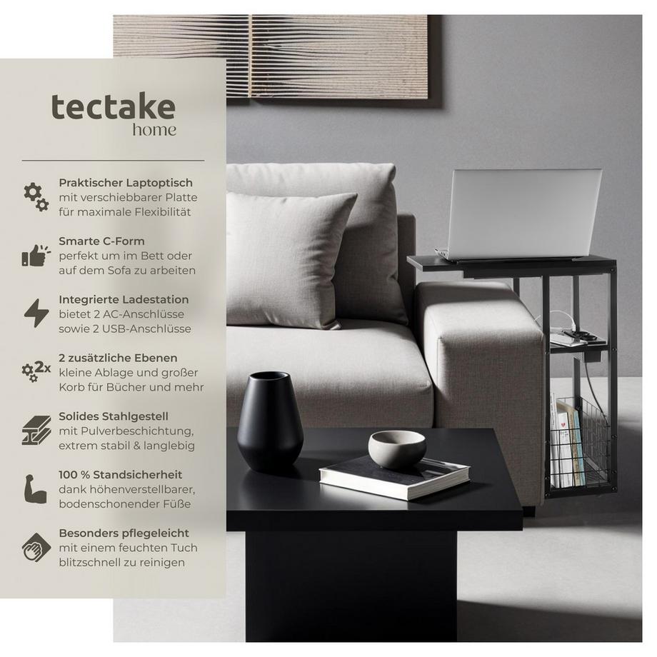 Tectake Laptop-Beistelltisch Rhea integrierte Ladestation mit USB- und AC-Anschluss, verschiebbare Tischplatte Holz und Stahl  