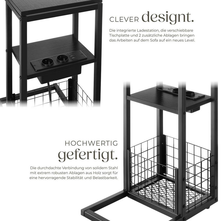 Tectake Laptop-Beistelltisch Rhea integrierte Ladestation mit USB- und AC-Anschluss, verschiebbare Tischplatte Holz und Stahl  