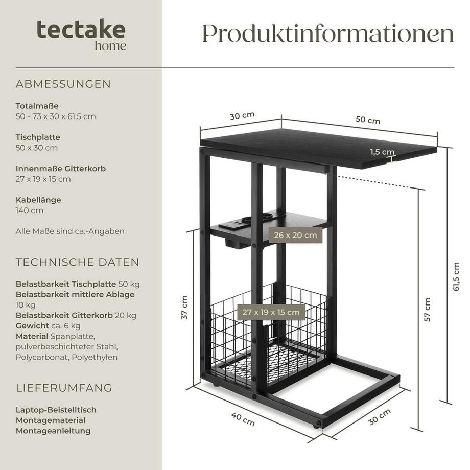 Tectake Laptop-Beistelltisch Rhea integrierte Ladestation mit USB- und AC-Anschluss, verschiebbare Tischplatte Holz und Stahl  