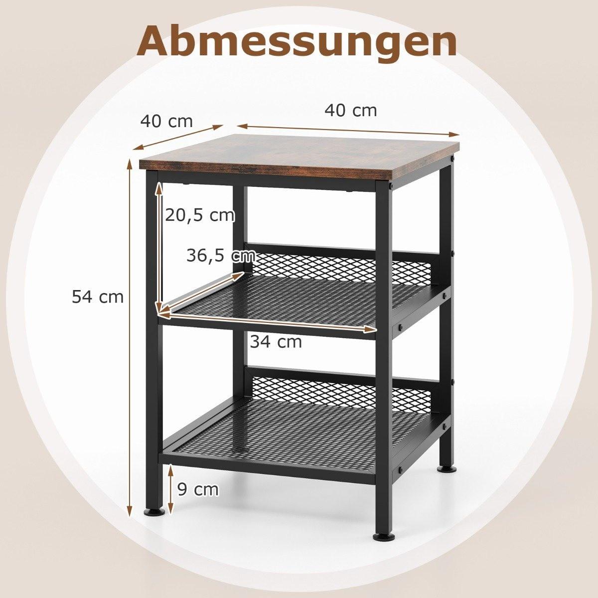 Northix Table d'appoint à 3 niveaux avec structure en métal et 2 étagères grillagées, table de chevet carrée design industriel  