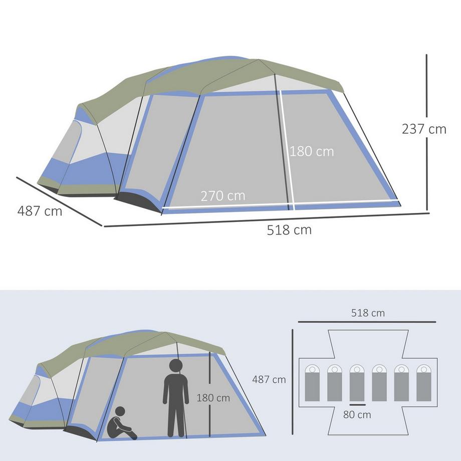 Northio  Camping Zelt Für 6-8 Personen Familienzelt Mit Vorraum, 2 Fenster, Kuppelzelt, Pu3000Mm, Blau, 518X487X237Cm 