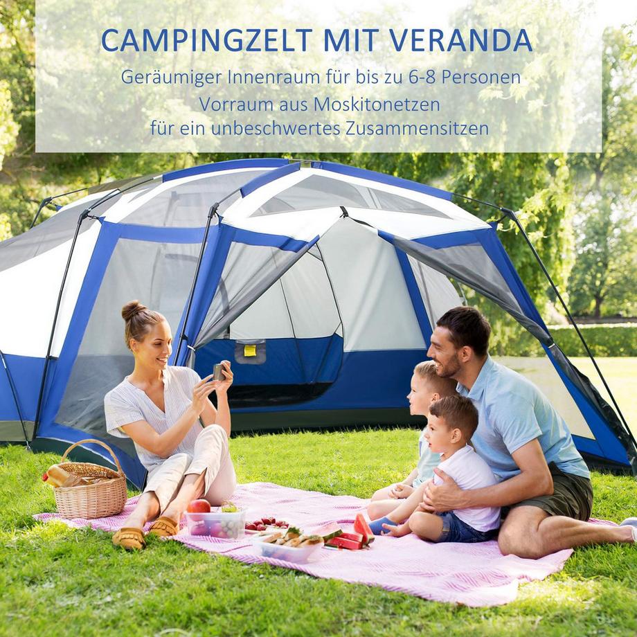 Northio  Camping Zelt Für 6-8 Personen Familienzelt Mit Vorraum, 2 Fenster, Kuppelzelt, Pu3000Mm, Blau, 518X487X237Cm 