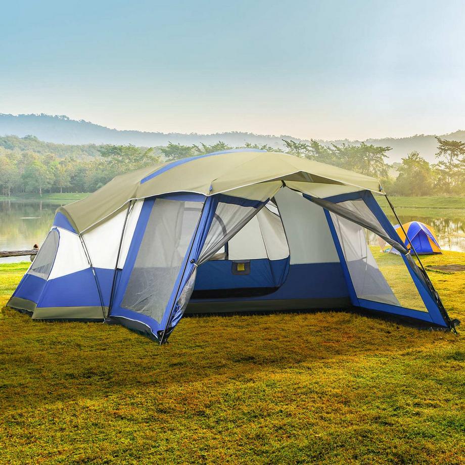 Camping Zelt Für 6-8 Personen Familienzelt Mit Vorraum, 2 Fenster, Kuppelzelt, Pu3000Mm, Blau, 518X487X237Cm