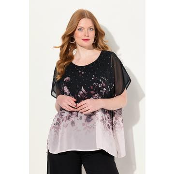 Blusa di chiffon a doppio strato con fiori, scollo rotondo e mezze maniche