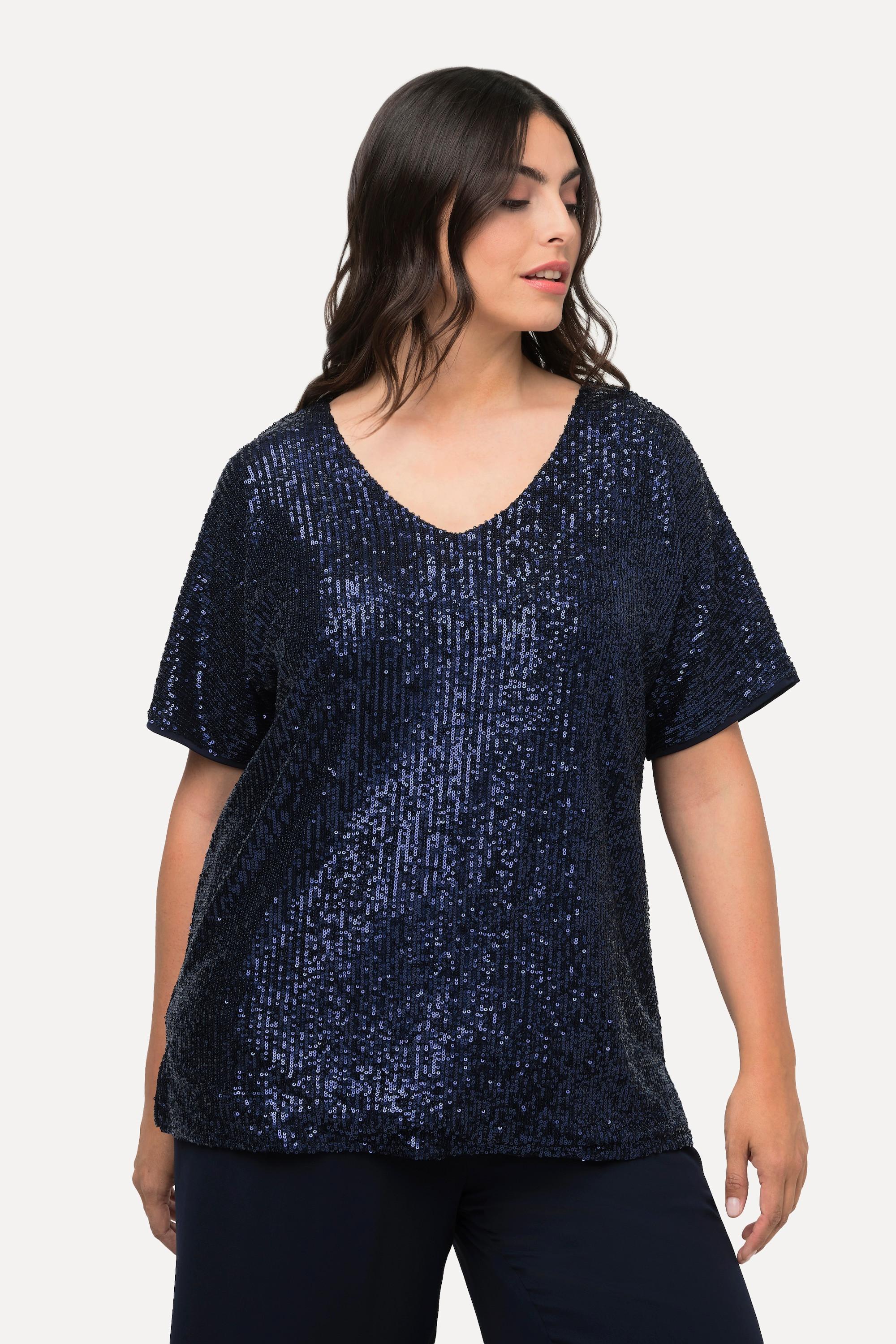 Ulla Popken  Pailletten-Shirt, Oversized, V-Ausschnitt, Halbarm 