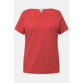 Ulla Popken  T-shirt en jersey bord-côte, coupe Slim, col V et manches courtes, coton bio 