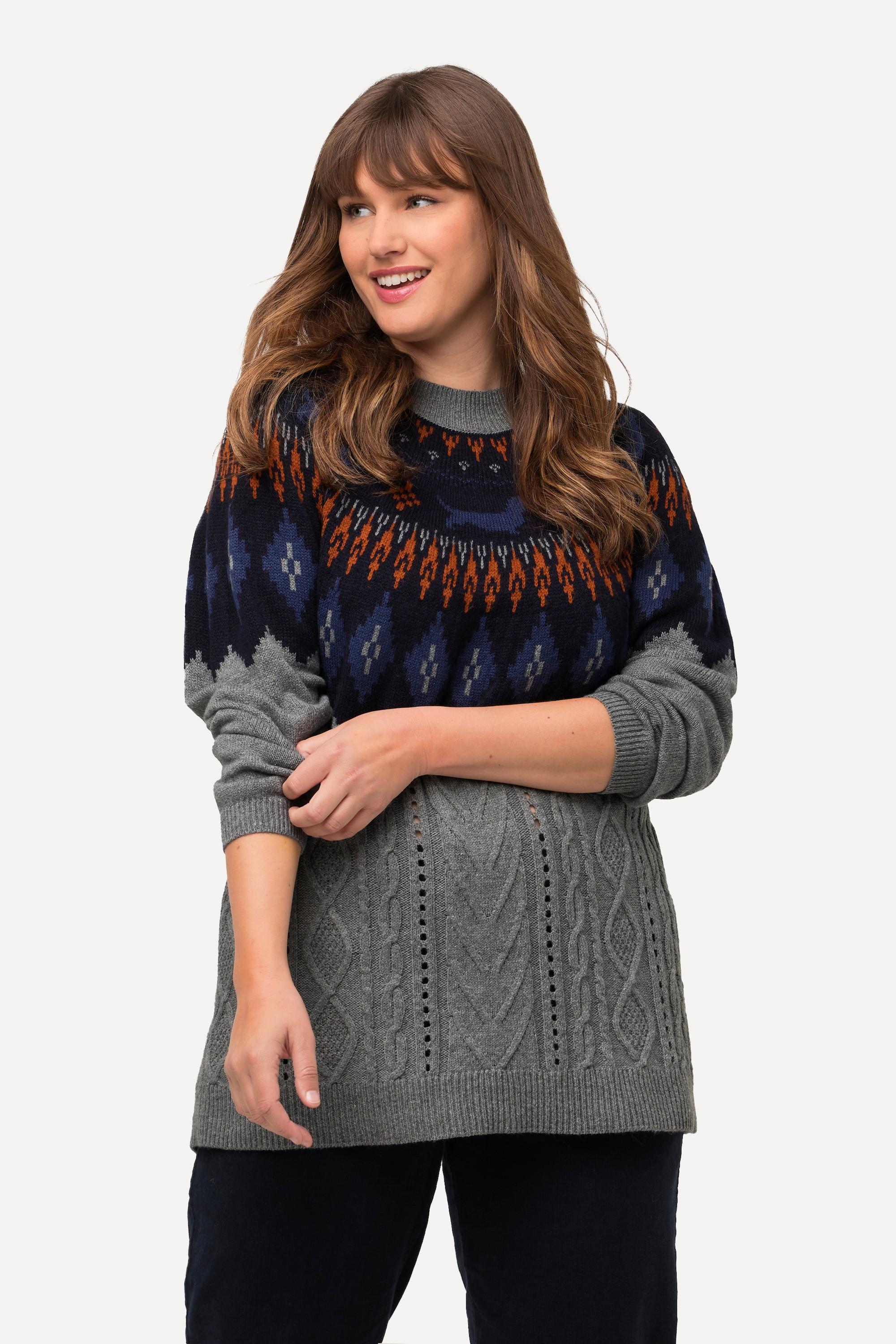 Ulla Popken  Norweger-Pullover, Zopfmuster, Rundhals, Langarm 