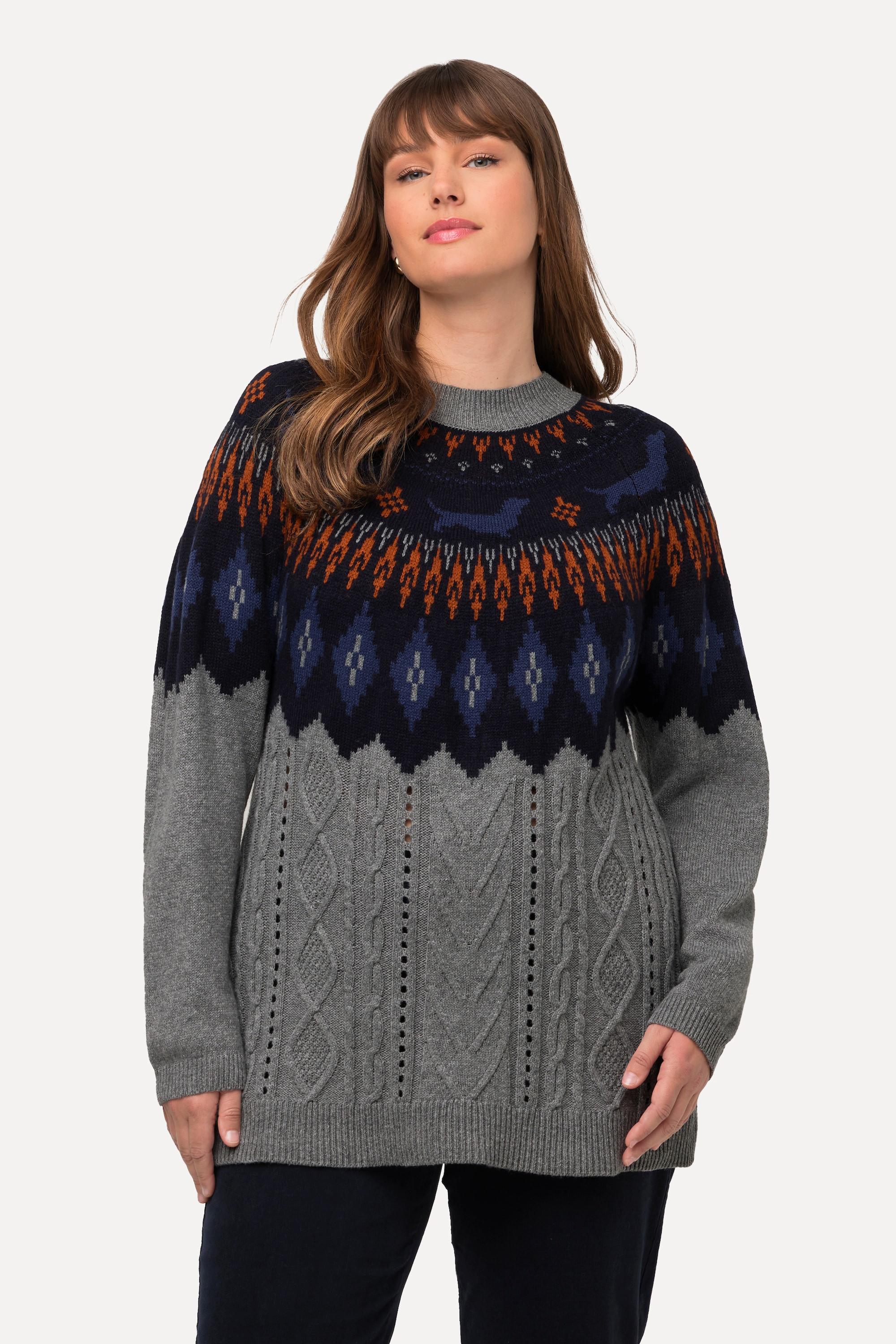 Ulla Popken  Norweger-Pullover, Zopfmuster, Rundhals, Langarm 