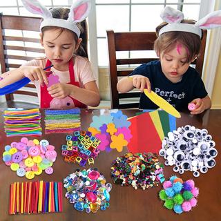 Activity-board  Bastelsets Bastelbedarf für Kinder Ostern Basteln mit Pfeifenreinigern, Pomponfedern, Perlen und Dekorationen aus farbigem Papier 