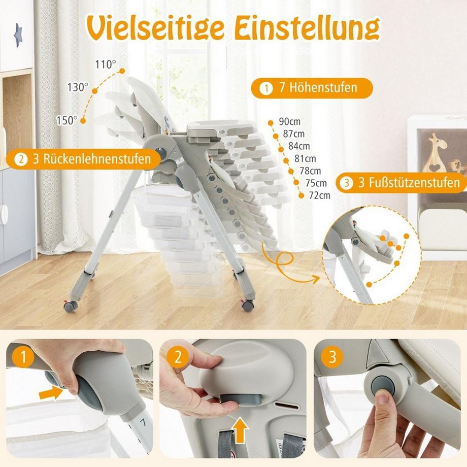 B2X  Seggiolone pieghevole con ruote, altezza regolabile, poggiapiedi e schienale, seggiolino per bambini bianco 
