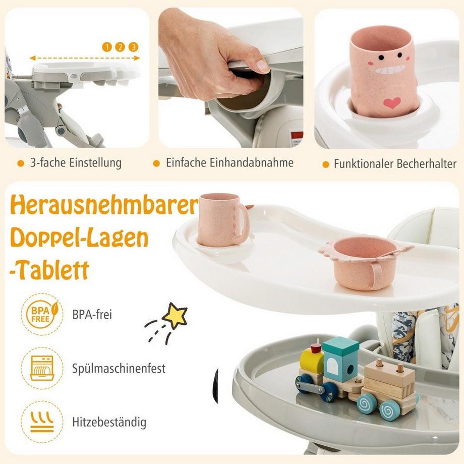 B2X  Seggiolone pieghevole con ruote, altezza regolabile, poggiapiedi e schienale, seggiolino per bambini bianco 