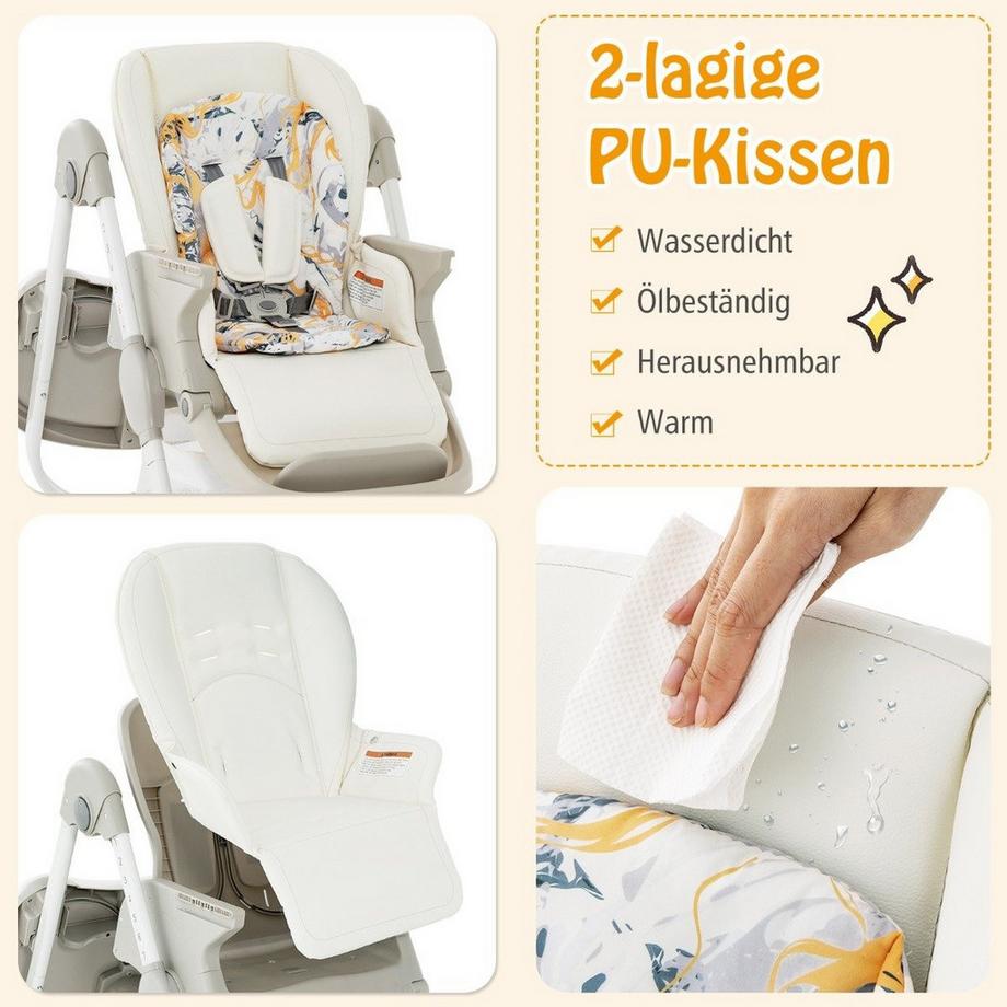 B2X  Seggiolone pieghevole con ruote, altezza regolabile, poggiapiedi e schienale, seggiolino per bambini bianco 