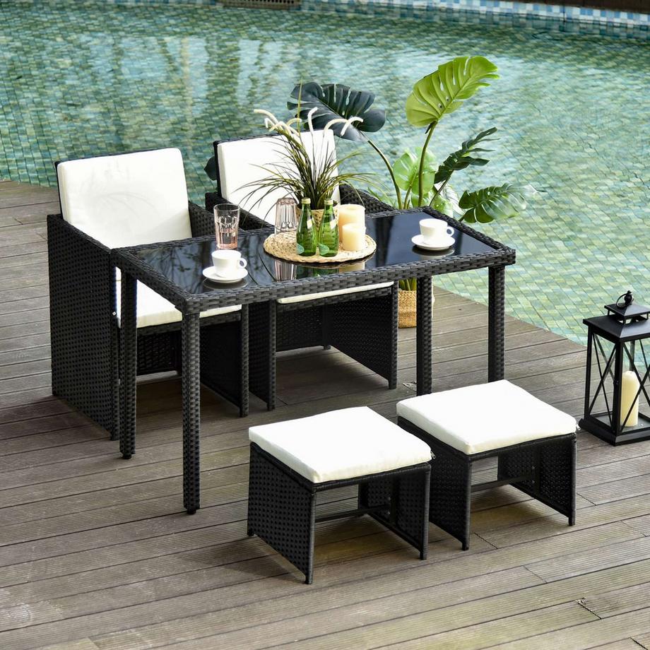 Northio Polyrattan Sitzgruppe Essgruppe Gartenset Garnitur 11 Tlg. Mit Kissen Schwarz  