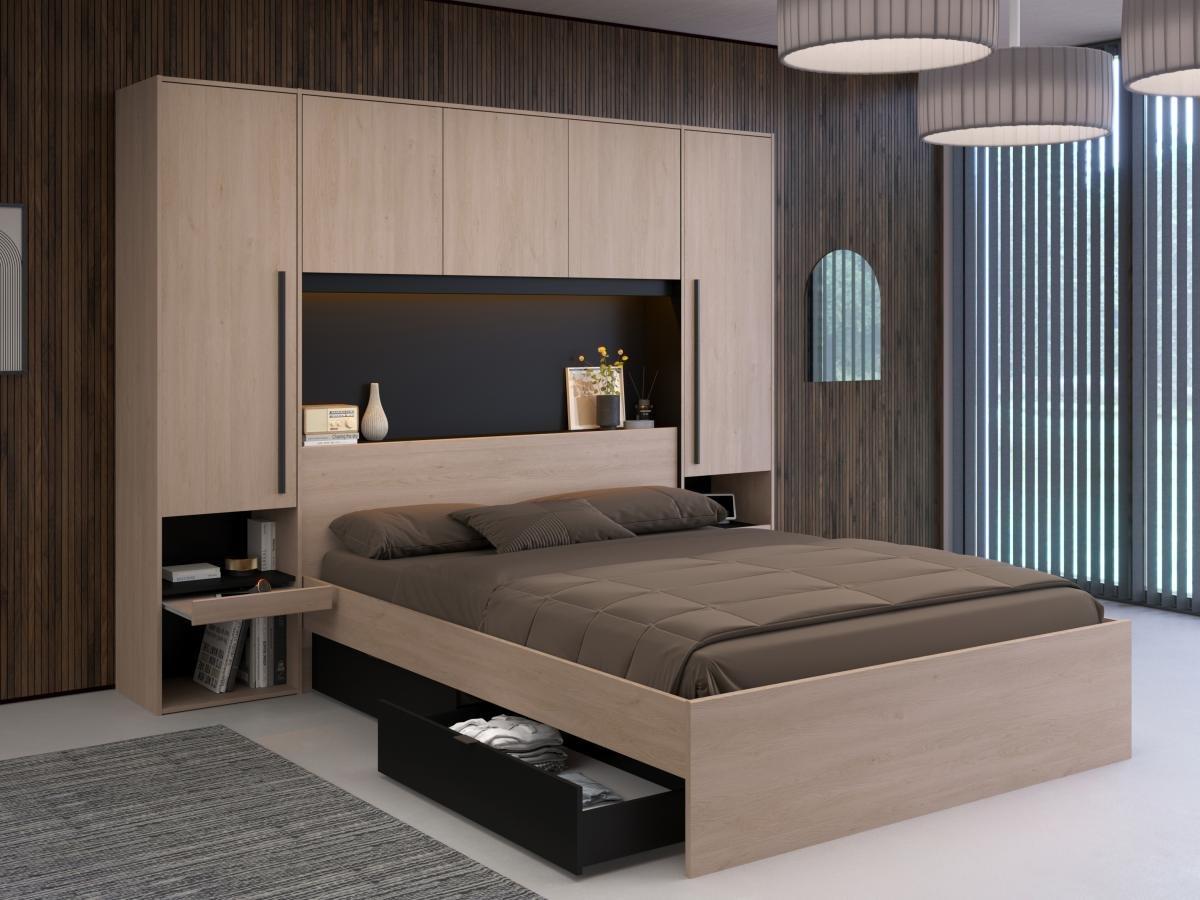 Vente-unique Letto con vani portaoggetti 160 x 200 cm Con LED Naturale e Nero + Rete - VELONA  