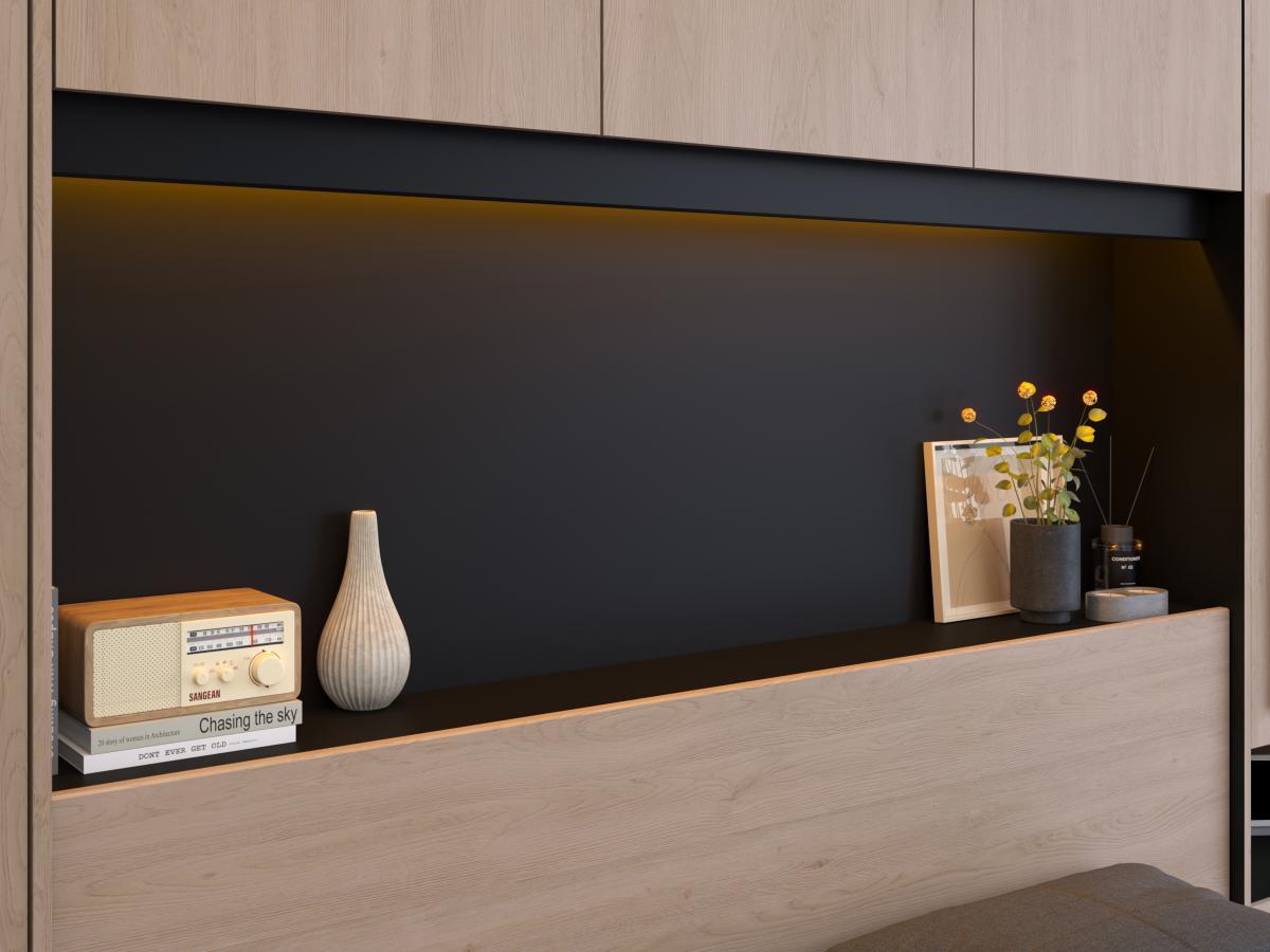 Vente-unique Bett mit Stauraum & LEDs + Lattenrost - 160 x 200 cm - Naturfarben & Schwarz - VELONA  