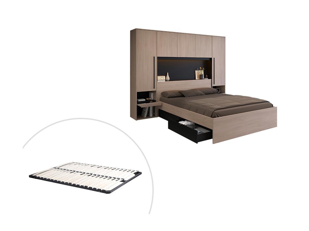 Vente-unique Letto con vani portaoggetti 160 x 200 cm Con LED Naturale e Nero + Rete - VELONA  