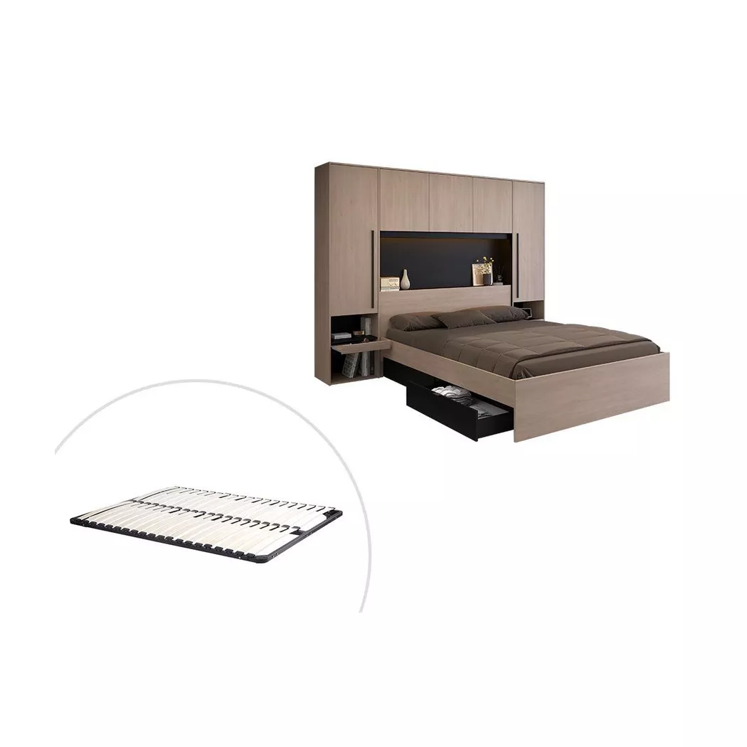 Vente-unique - Lit pont 160 x 200 cm avec rangements - Avec LEDs - Coloris : Naturel et noir + Sommier - VELONA, 160X200CM
