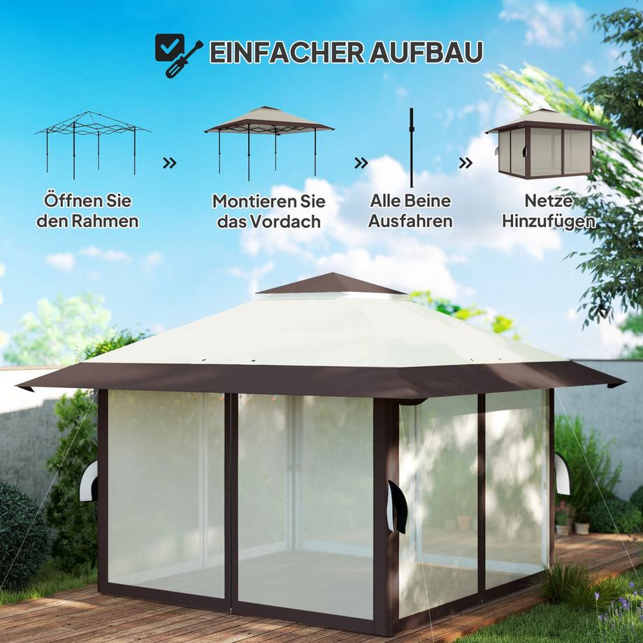 Northio Pavillon 4x4m Wasserdicht Höhenverstellbar Pop-up Faltpavillon mit Netzwänden UV 50+ Faltbar Partyzelt Gartenzelt mit Tragetasche Sandsäcke Gartenpavillon für Camping Garten Festival, Beige Aosom  